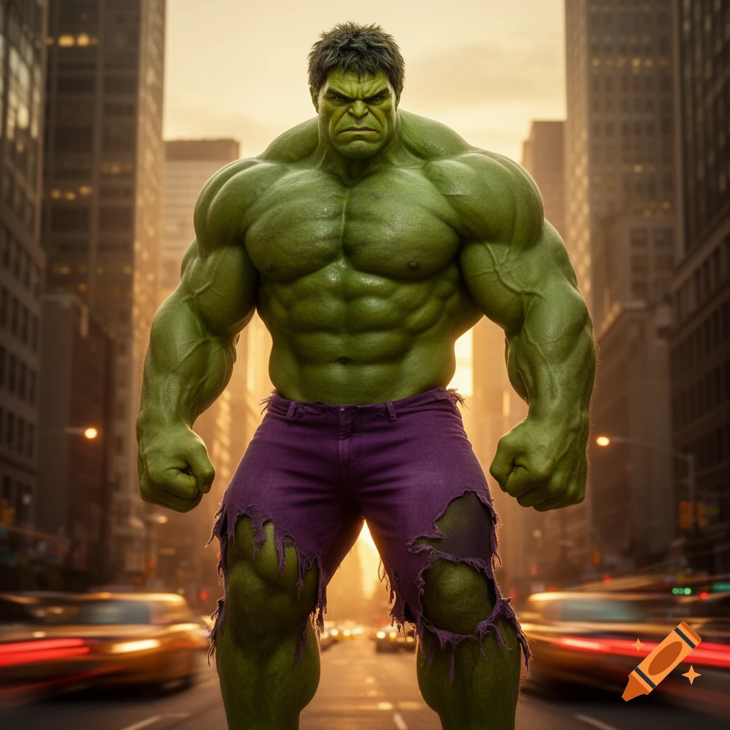 The Hulk, a muscular green figure in torn purple pants, stands menacingly in the middle of a bustling city street at sunset.