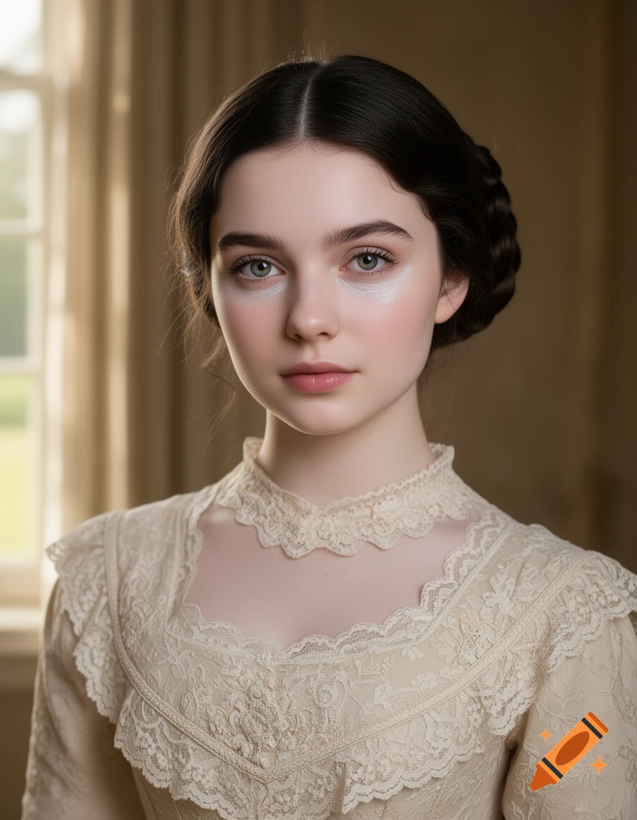 Photorealistic portrait of a young woman with dark hair in a vintage lace dress, looking directly at the viewer.
