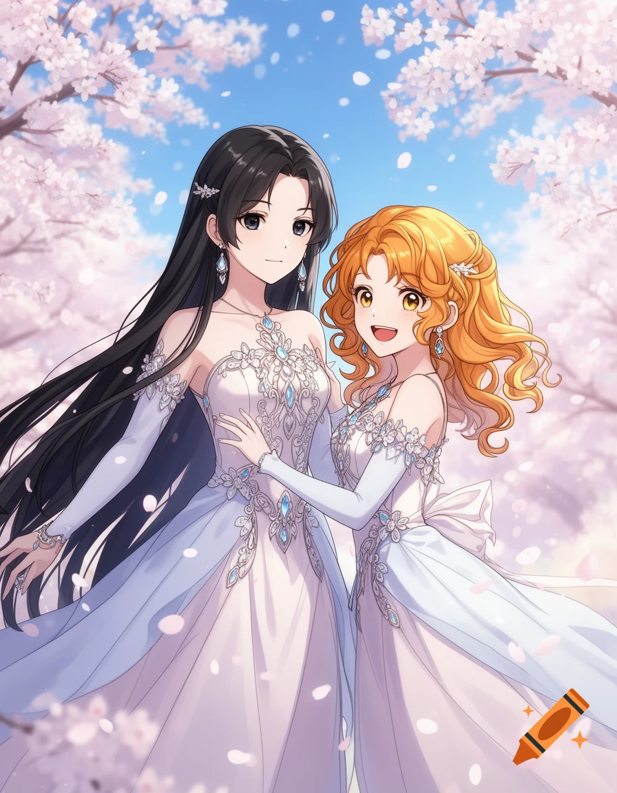 Two anime women in white dresses with blue accents stand embraced under falling pink cherry blossoms. One has long dark hair, the other curly orange hair.