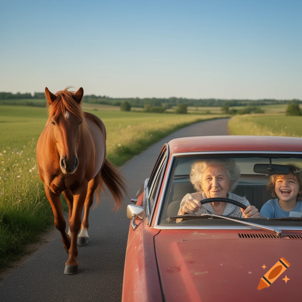 An old woman drives a red vintage car with a laughing child, a brown horse walks beside them on a country road with green fields.