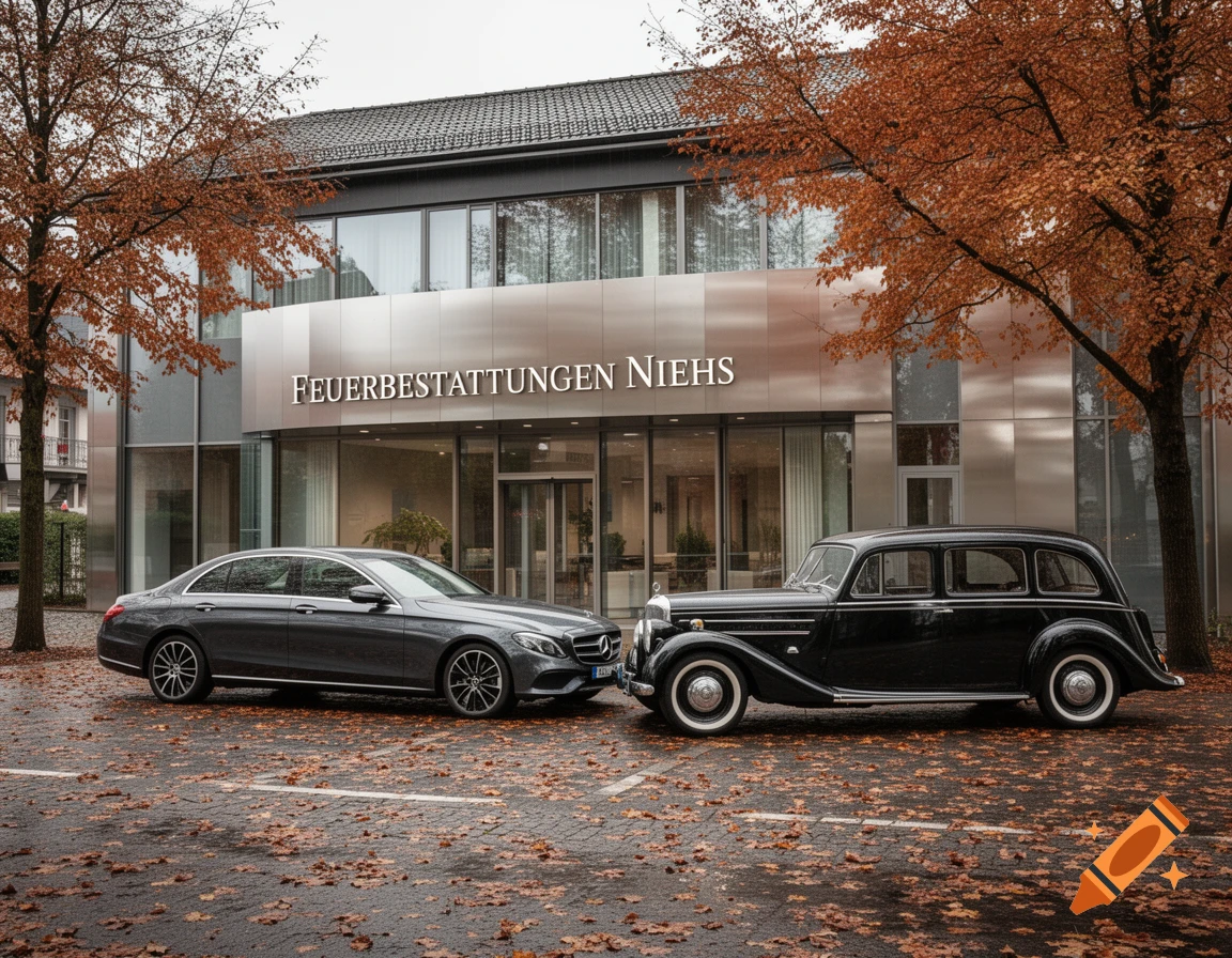 A modern gray car and a vintage black car parked on a wet, leaf-covered lot in front of a modern funeral home building in autumn.