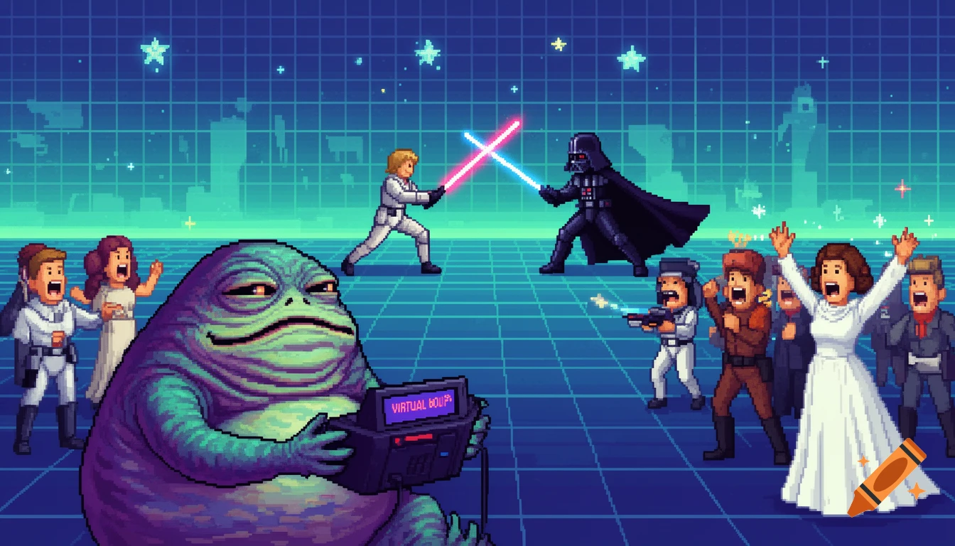 Pixel art scene of Jabba the Hutt playing a Virtual Boy, while Luke and Vader lightsaber duel and Leia cheers.