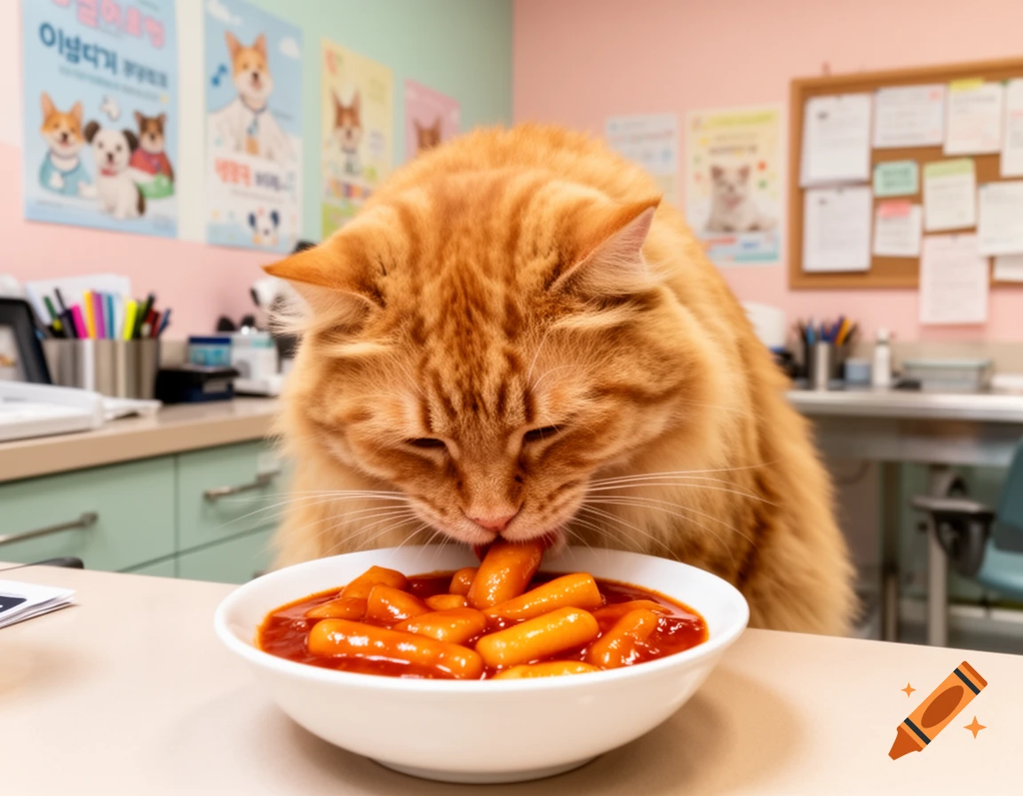 An orange cat eating tteokbokki from a white bowl on a counter in a bright animal clinic, photorealistic.