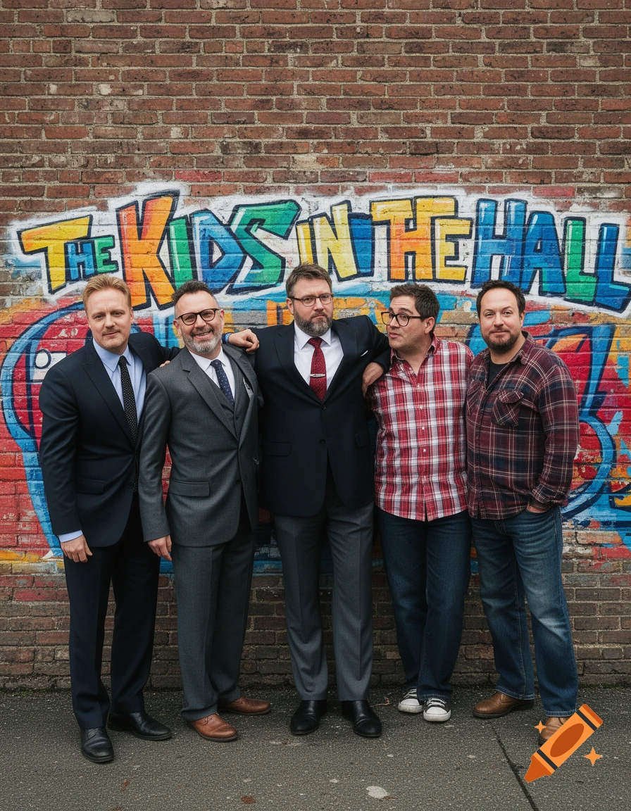 Five men from 'The Kids in the Hall' stand in front of a graffiti-covered brick wall with their name.