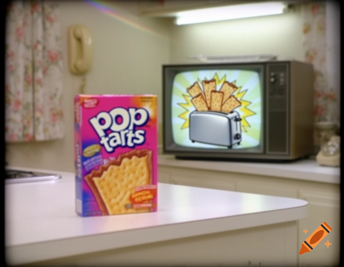 A box of Pop-Tarts sits on a kitchen counter, with an old TV in the background displaying a toaster and toast. Retro style.