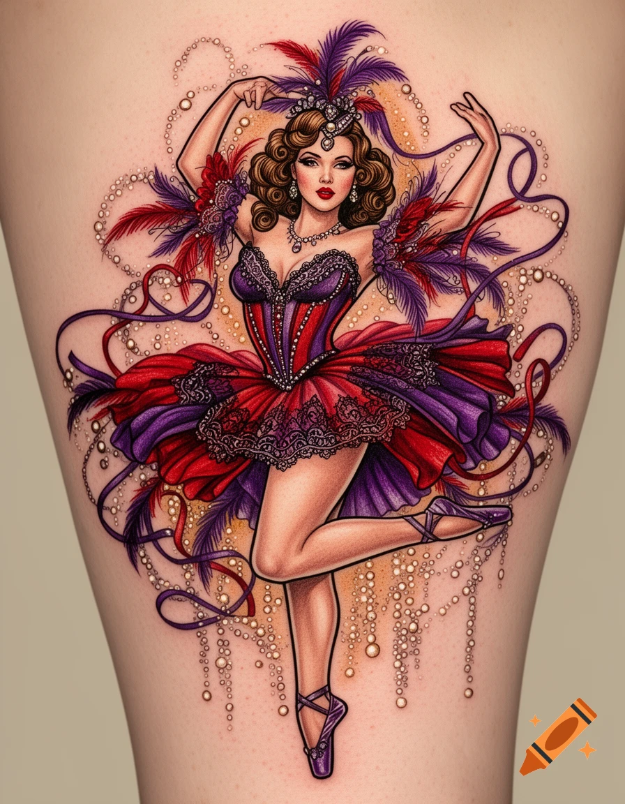 A vibrant pin-up style tattoo illustration of a burlesque ballerina in a red and purple corset and tutu, with feathers, pearls, and ribbons.