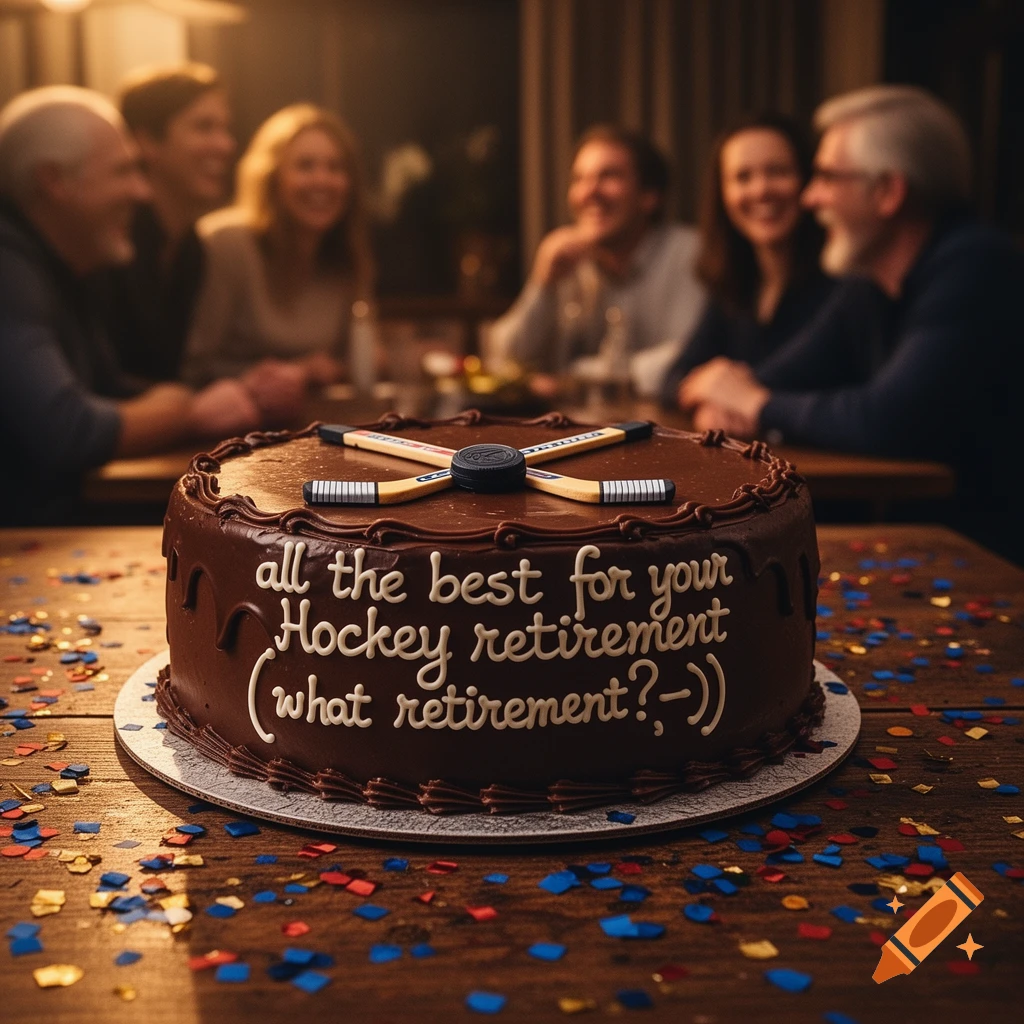 A chocolate retirement cake with hockey stick decorations and text, on a confetti-covered table with blurred people in the background.