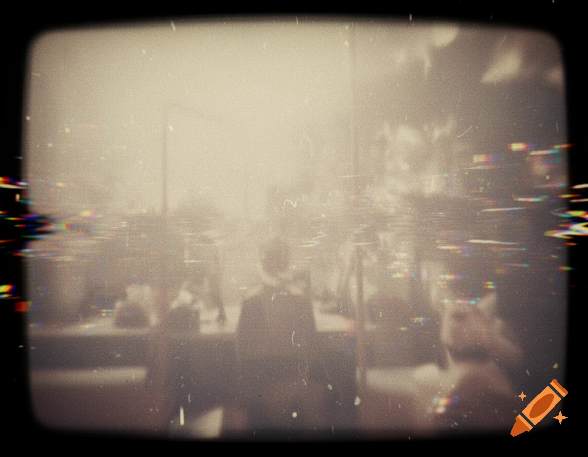 Heavily glitched and distorted sepia-toned image of an indoor scene, viewed through a damaged VHS screen with colorful horizontal streaks.