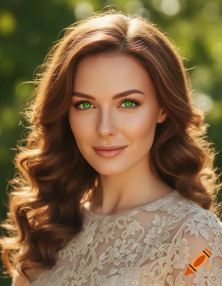 Photorealistic portrait of a young woman with long wavy auburn hair and bright green eyes, wearing a lacy beige top, smiling subtly outdoors.