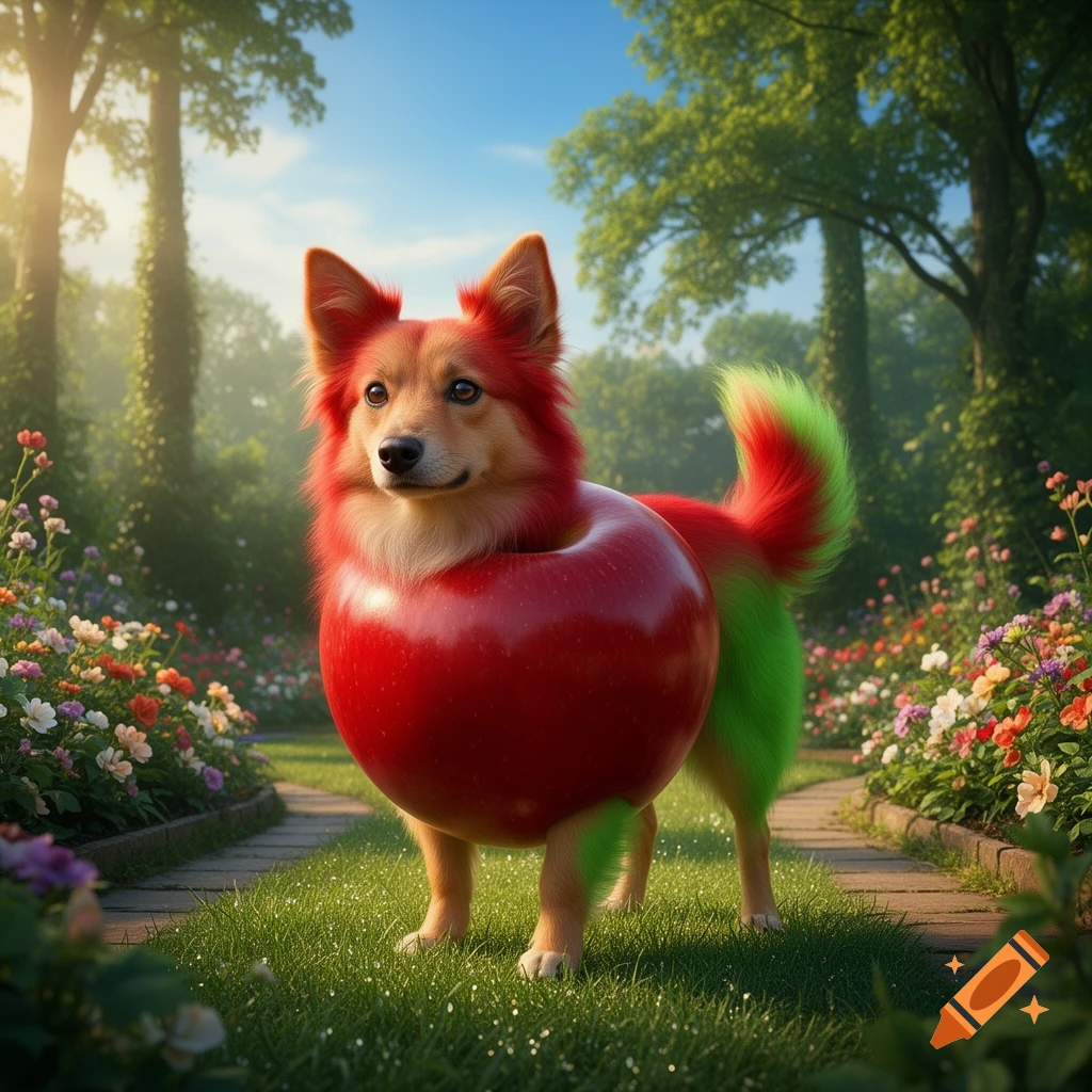 A fluffy dog with red fur on its head and an apple-shaped body with a red and green tail stands on a grassy path in a lush, sunny garden.