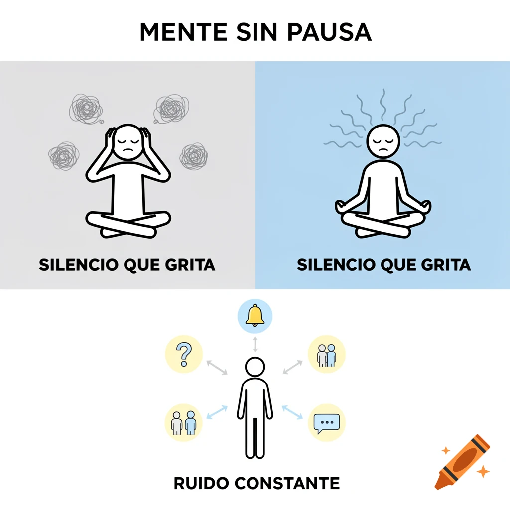 Minimalist infographic illustrating mental overload with stick figures and text about constant noise and a mind without pause.