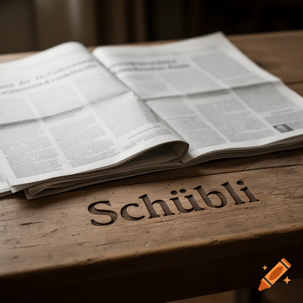 A close-up shot of a folded newspaper lying on a rustic wooden table with the word "Schübli" carved into its surface.