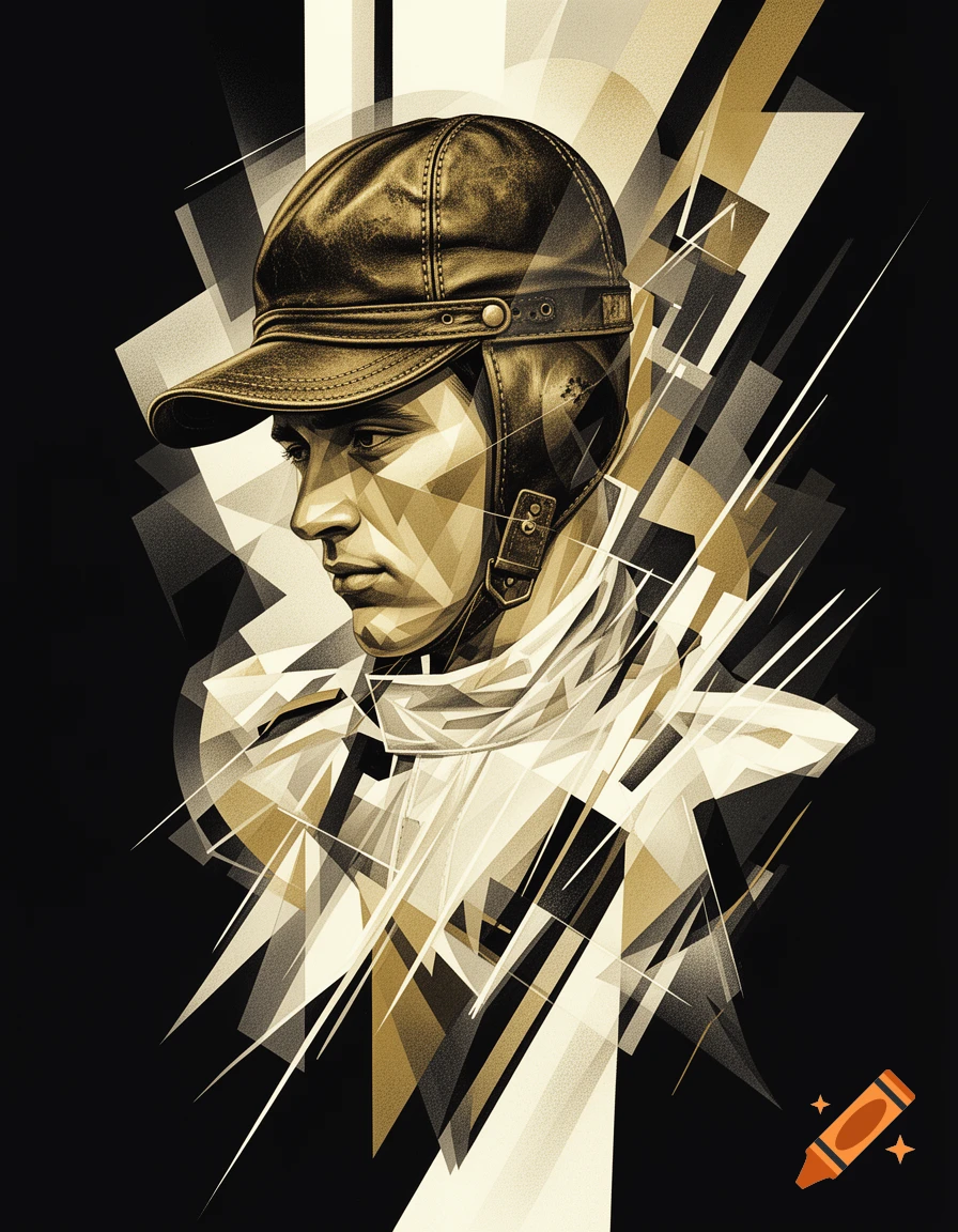 A stylized graphic portrait of a man in a vintage leather pilot's cap, rendered in gold, white, and black with Cubist and Futurist elements.