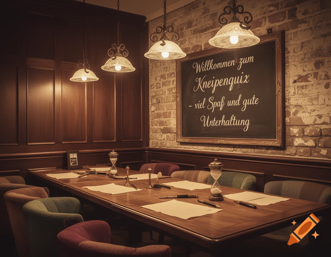 A vintage-style pub or meeting room with dark wood paneling, brick walls, and antique lamps, featuring a chalkboard with German text. A long table is set with papers, pens, and hourglasses.