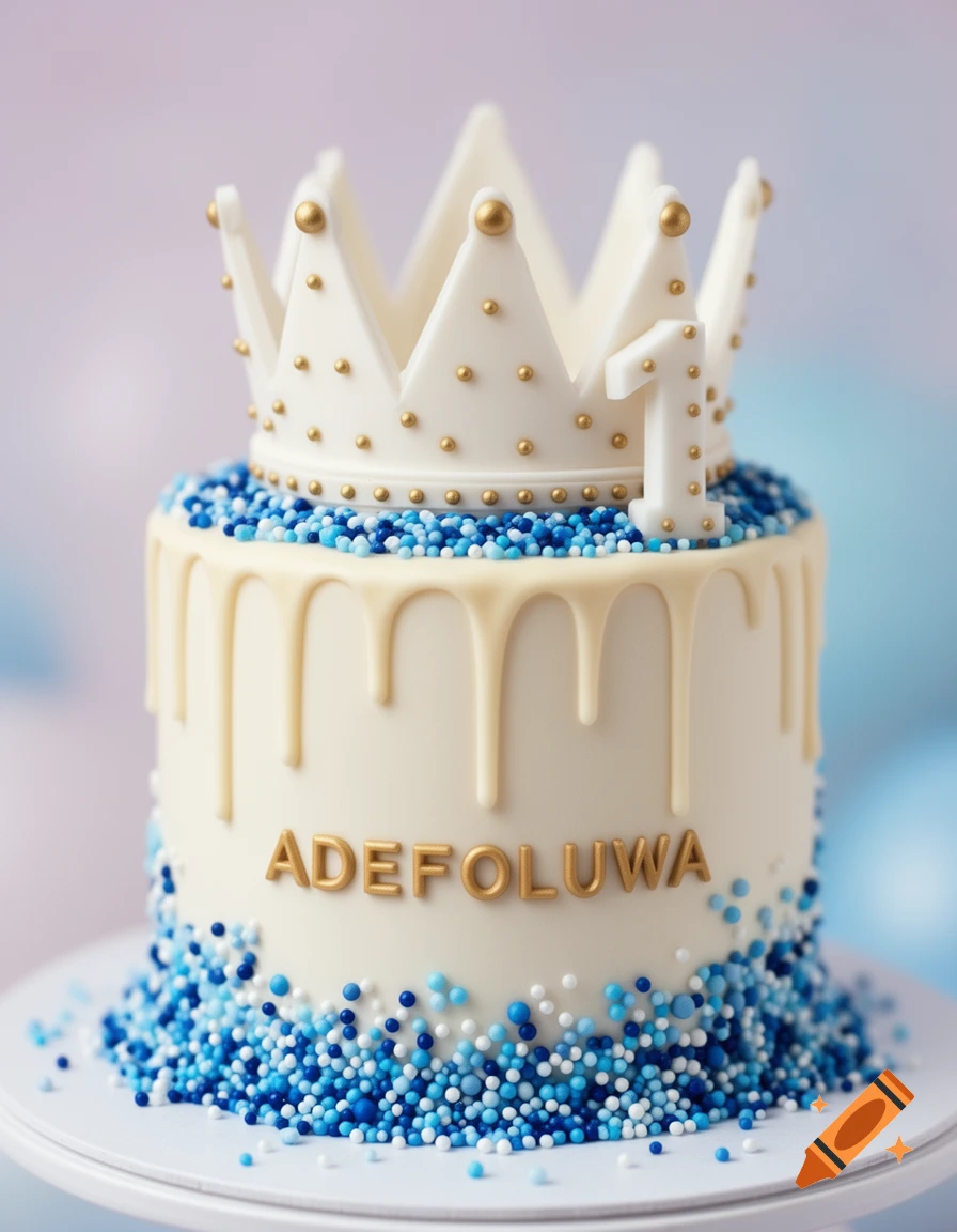 A white birthday cake decorated with a crown, gold dots, the number '1', blue and white sprinkles, and the name 'ADEFOLUWA'.