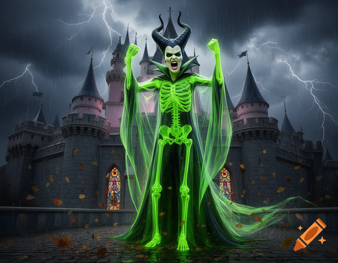 An enraged neon green skeletal Maleficent shakes her fists in front of a dark, stormy Sleeping Beauty Castle on Halloween night.