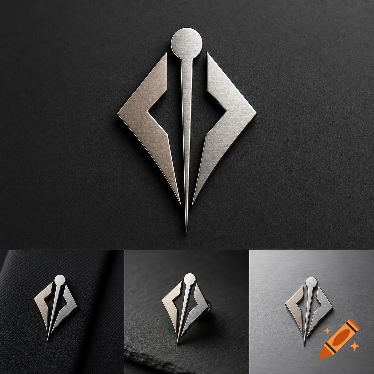 Abstract metallic diamond-shaped logo and pin with a central vertical element and angular sides, presented on dark backgrounds.