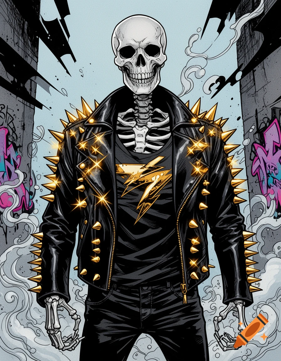 Comic art illustration of a skeleton in a black spiked leather jacket and jeans, standing in an urban setting with graffiti.