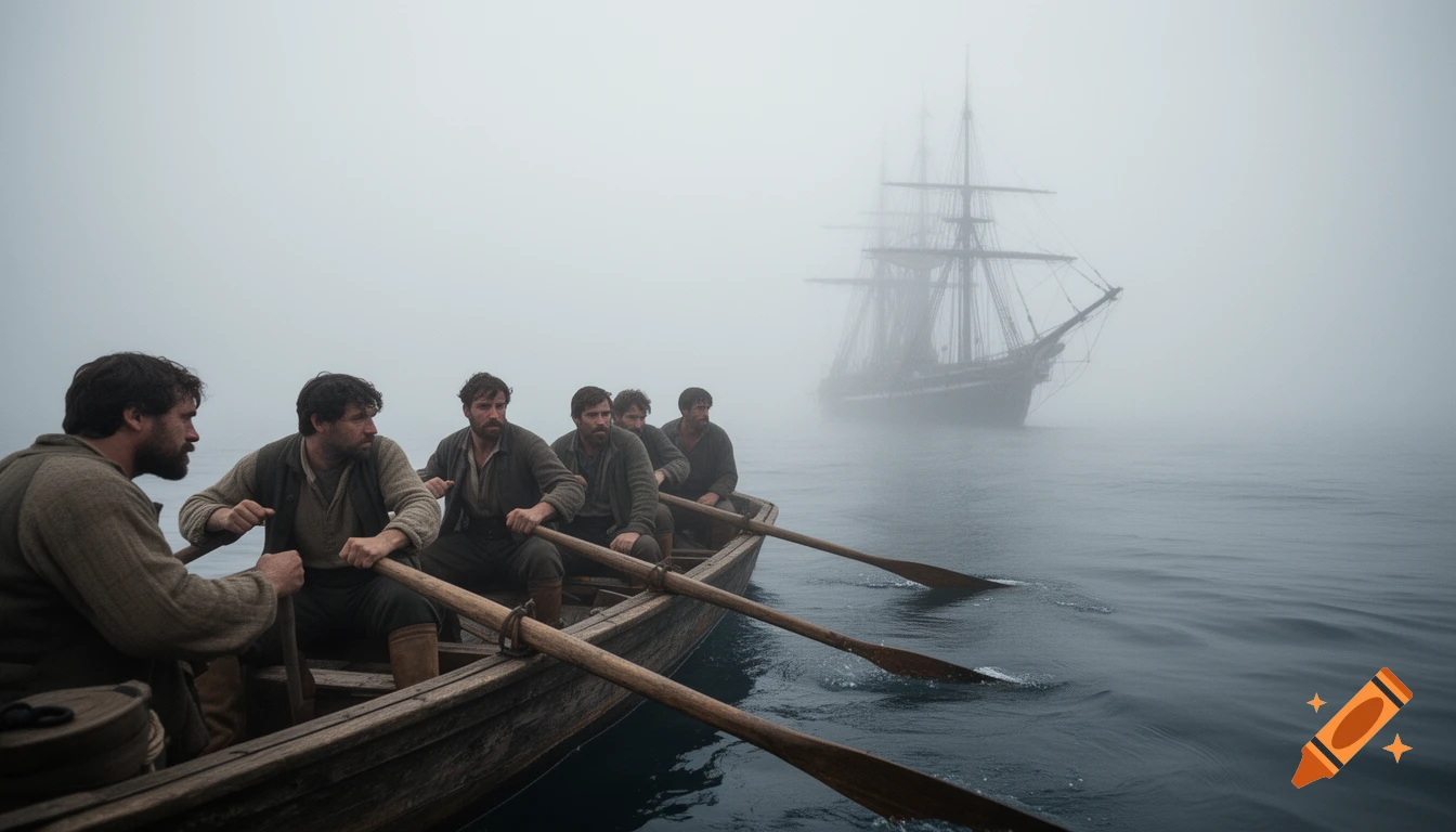 Sailors in a rowboat approach a large sailing ship shrouded in dense fog on an eerie, calm ocean, photorealistic.