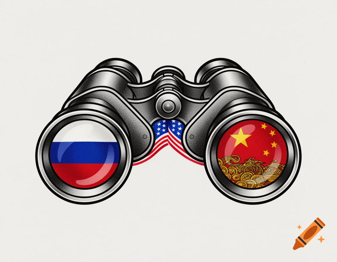 Illustration of binoculars with the Russian flag in the left lens, the Chinese flag in the right lens, and the American flag between them.