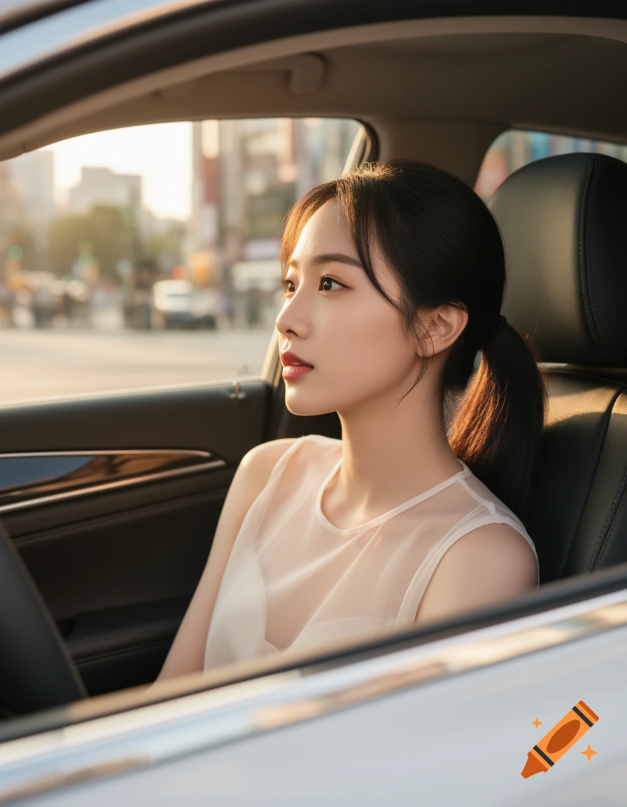 Photorealistic portrait of a young woman with a ponytail in a sheer top looking out a car window at golden hour.