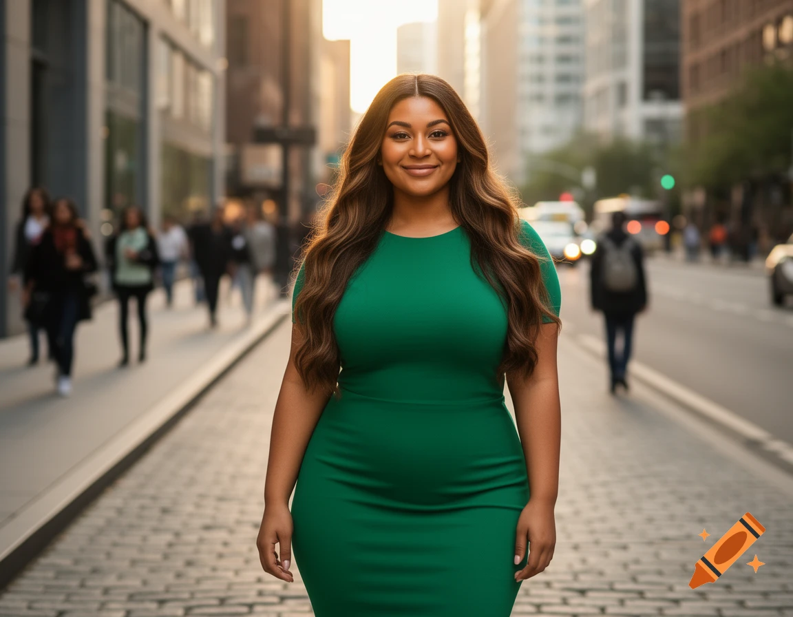 A smiling woman with long brown hair in a form-fitting green dress stands on a cobblestone street in a city at sunset.