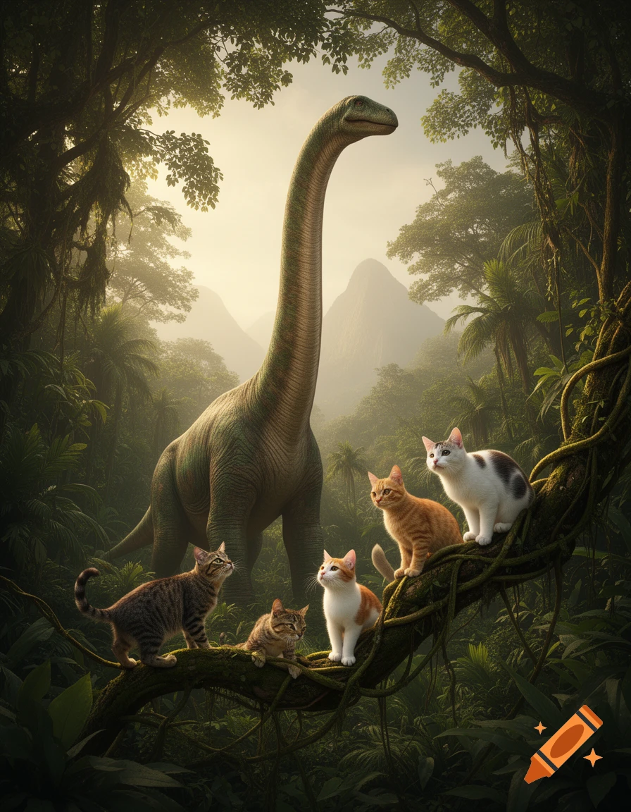 A majestic long-necked dinosaur stands in a misty jungle as five domestic cats perch on a vine-covered branch in the foreground. Photorealistic.