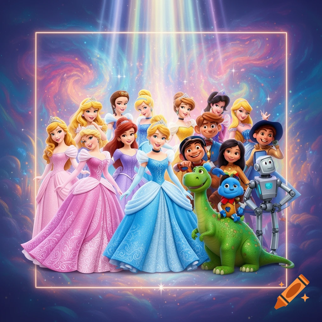 A group of animated Disney princesses and Pixar characters standing against a colorful, cosmic background with a glowing square frame.