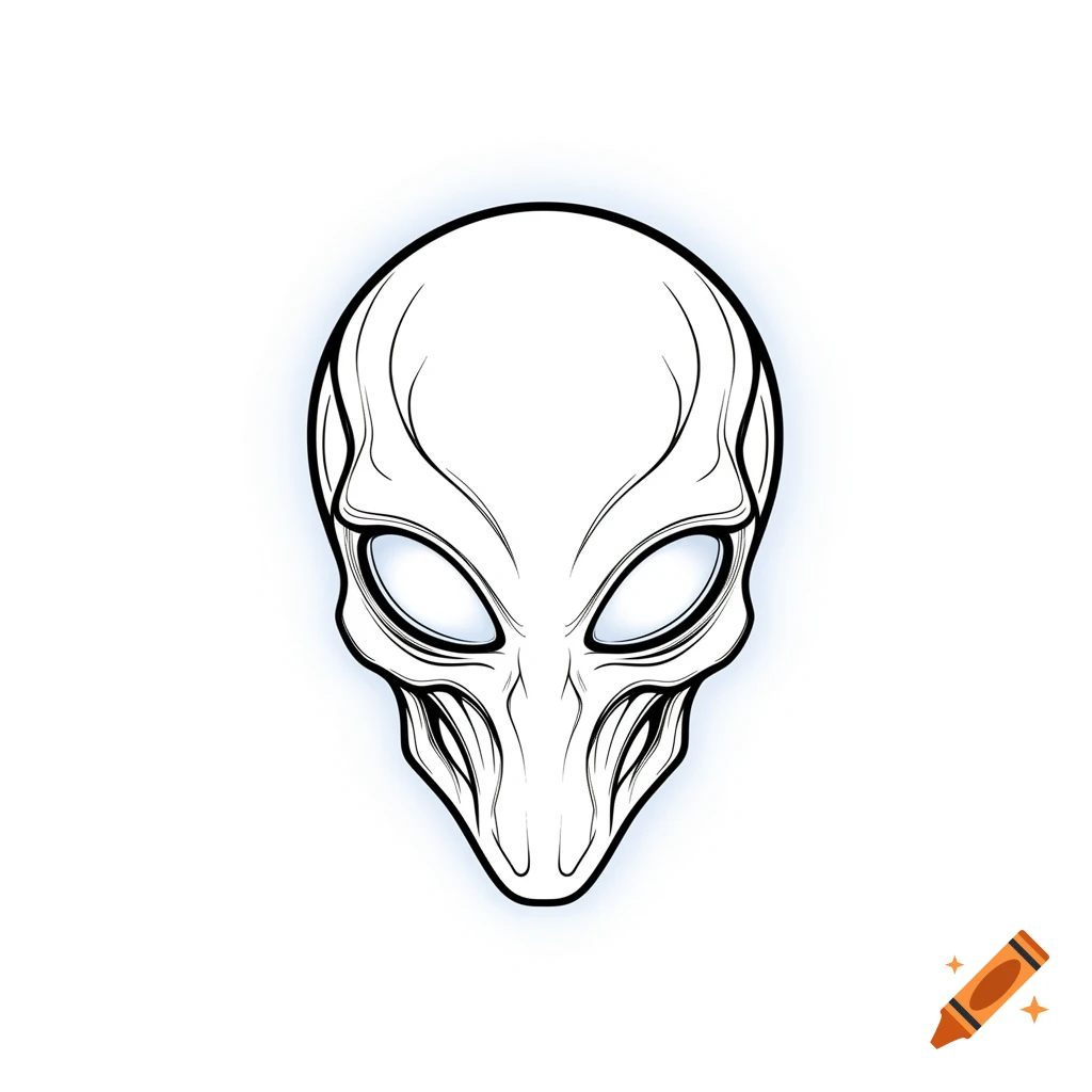 A simple line art drawing of a stylized alien skull with empty eye sockets and a subtle blue glow on a white background.