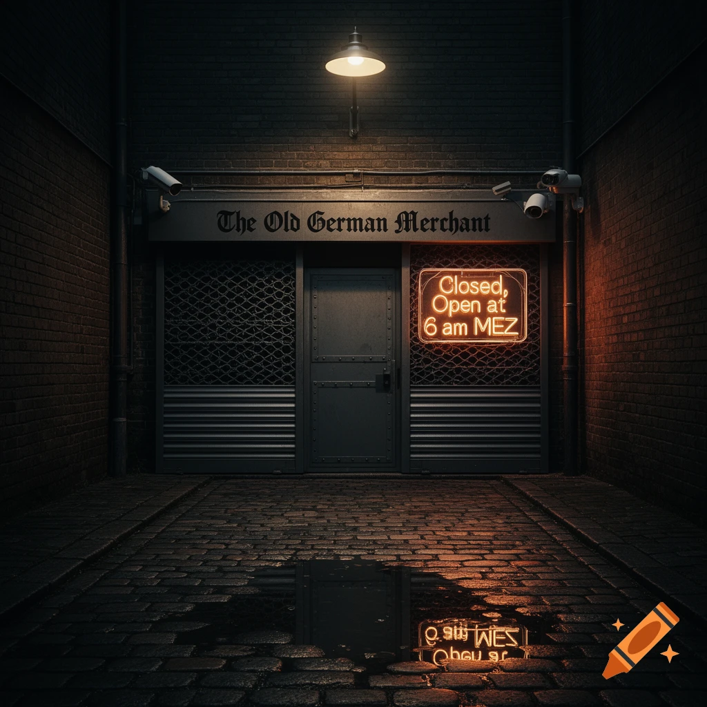 A dark, wet cobblestone alley with a closed shop, 'The Old German Merchant', illuminated by a street lamp and a neon sign 'Closed, Open at 6 am MEZ'.