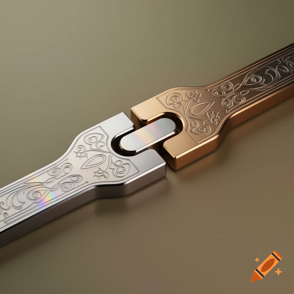 Close-up of two ornate, interlocking metal pieces, one silver and one gold, on a muted background.