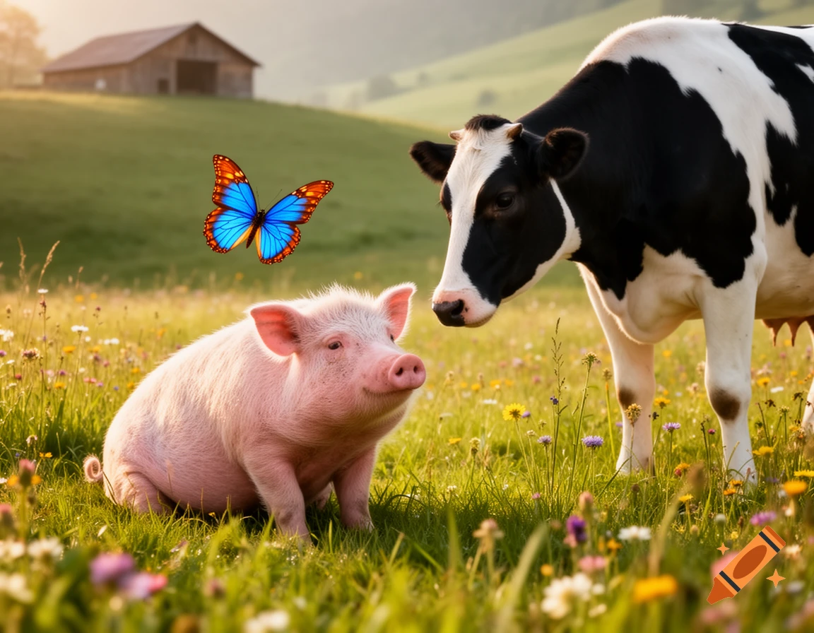 A photorealistic image of a pig, a cow, and a butterfly in a sunny green field with wildflowers and a barn in the background.