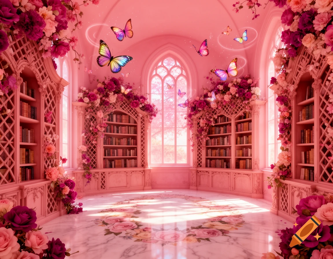 A magical pink library adorned with abundant flowers, ornate bookshelves, and colorful glowing butterflies flying within.