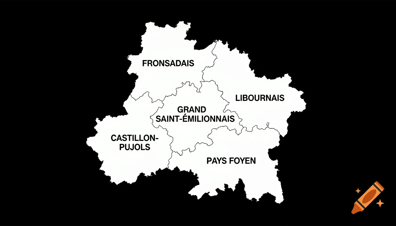 Black and white minimalist map of a French region divided into five labeled sub-regions: Fronsadais, Libournais, Grand Saint-Émilionnais, Castillon-Pujols, Pays Foyen.