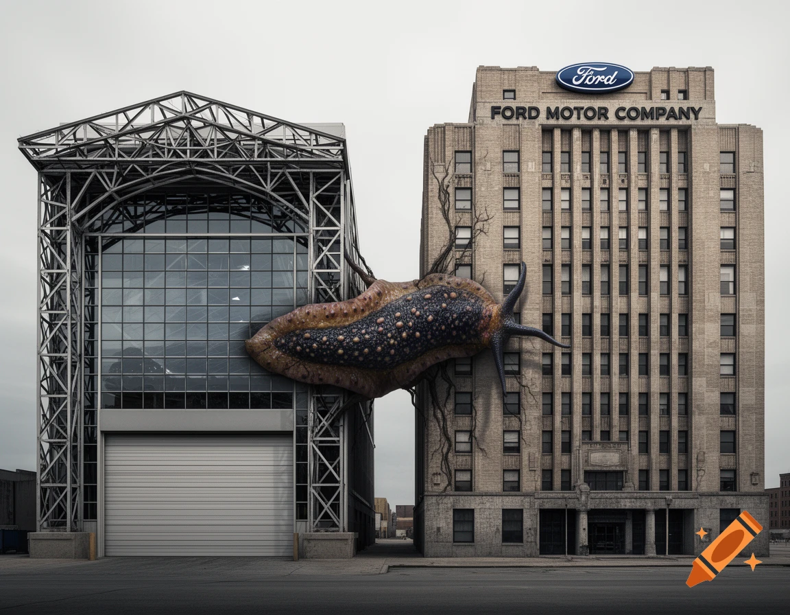 A giant slug-like creature resembling a leach clinging to and seemingly draining two buildings, one with a Ford logo.