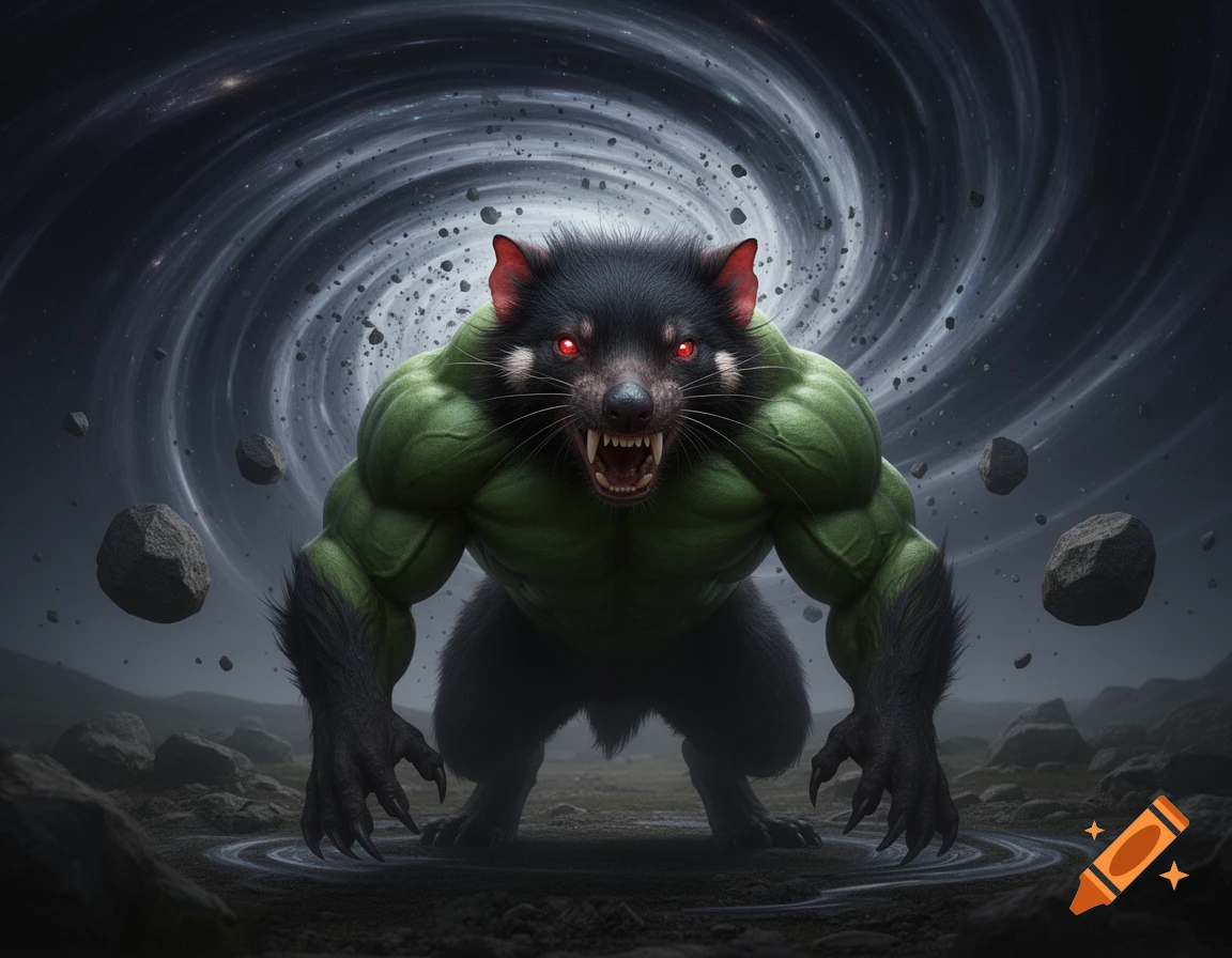 A hulking, muscular creature resembling a Tasmanian devil with green arms and red eyes, stands against a swirling cosmic vortex with floating rocks.