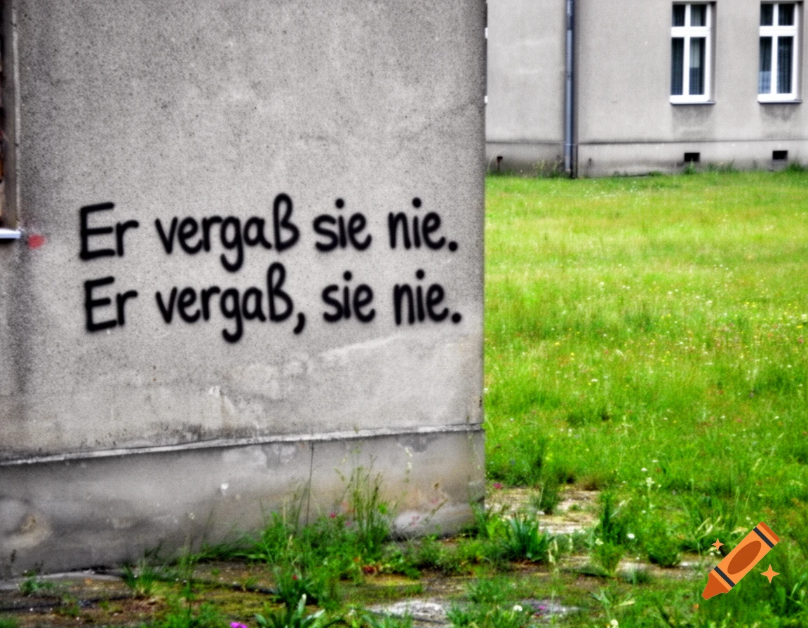 Black graffiti "Er vergaß sie nie. Er vergaß, sie nie." on a gray concrete wall next to a grassy field and a building.