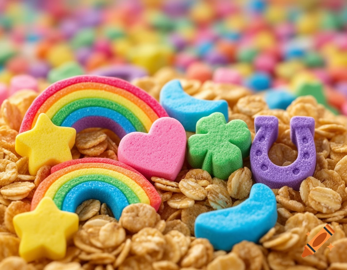 Colorful Lucky Charms marshmallows, including rainbows, stars, hearts, and clovers, on golden toasted oat cereal.