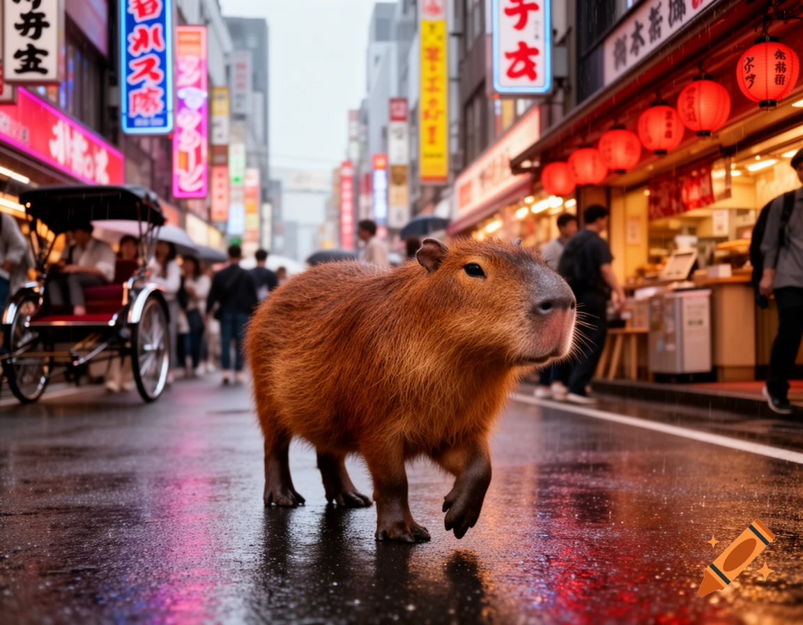 A large capybara walks on a wet, reflective street in a bustling Japanese city at dusk, with neon signs.