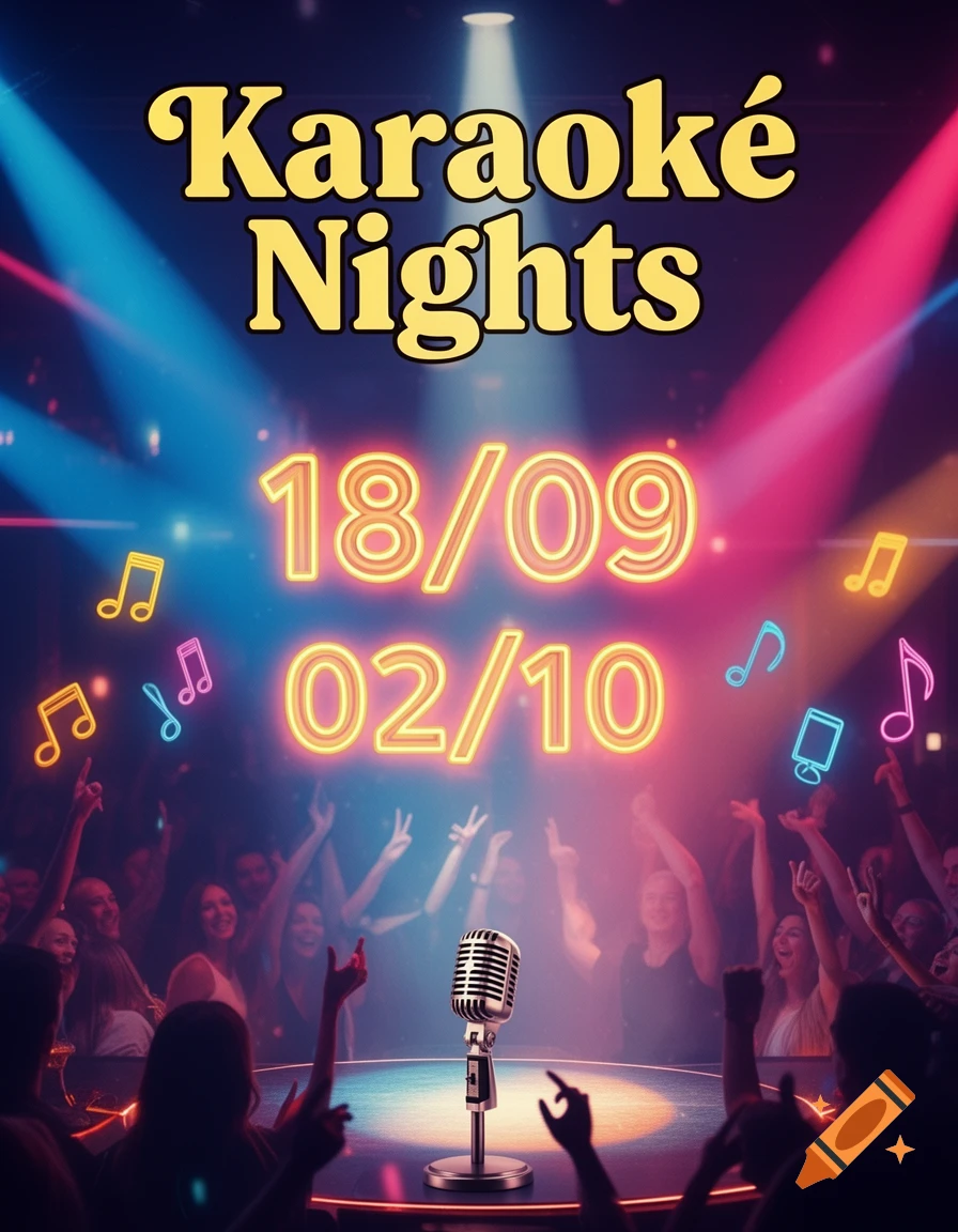 A vibrant poster for "Karaoké Nights" featuring a vintage microphone on a stage, dates 18/09 and 02/10, a lively crowd, and colorful spotlights with musical notes.