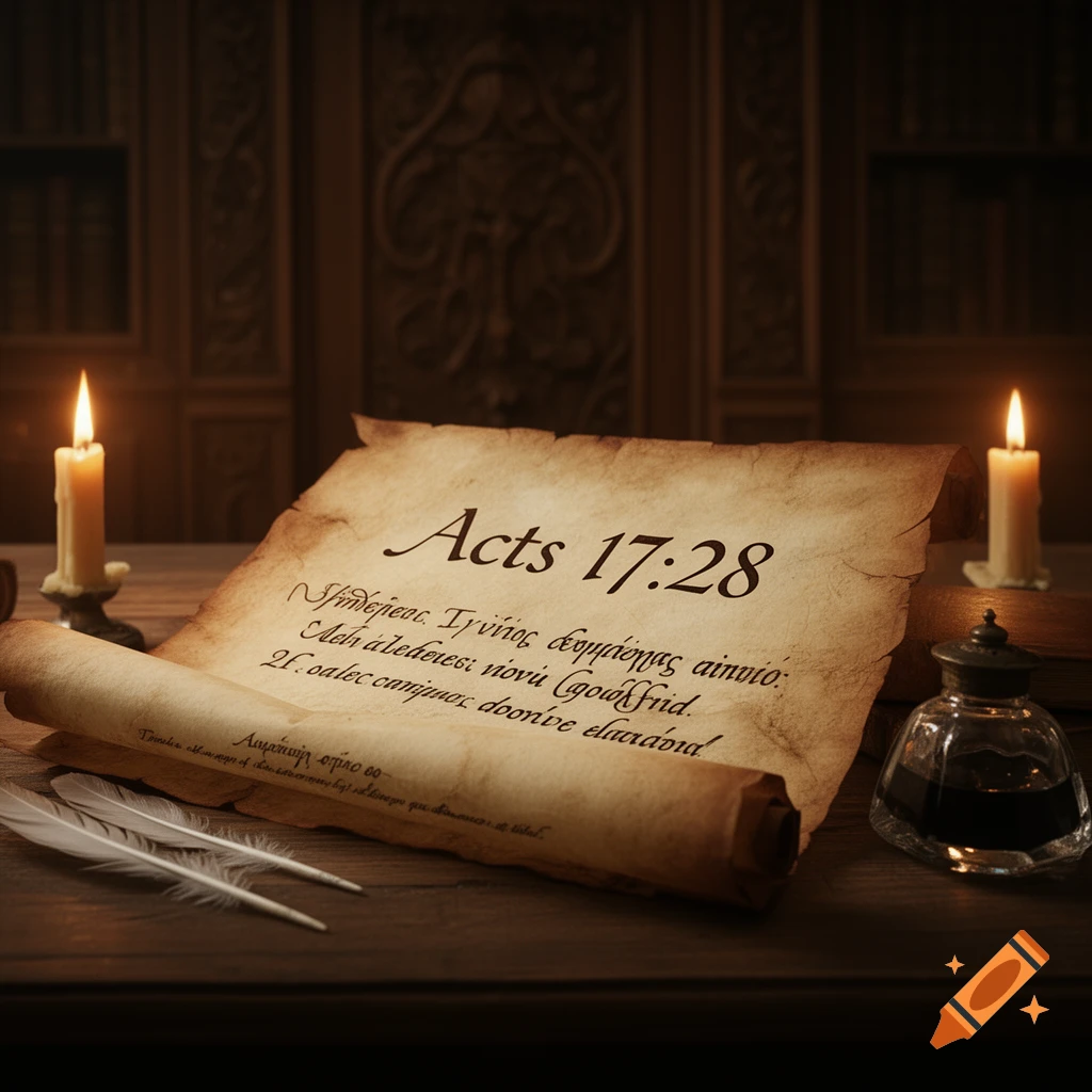 An old parchment scroll with 'Acts 17:28' written on it, along with other script, illuminated by two lit candles on a dark wooden desk with an inkwell and quill feathers.