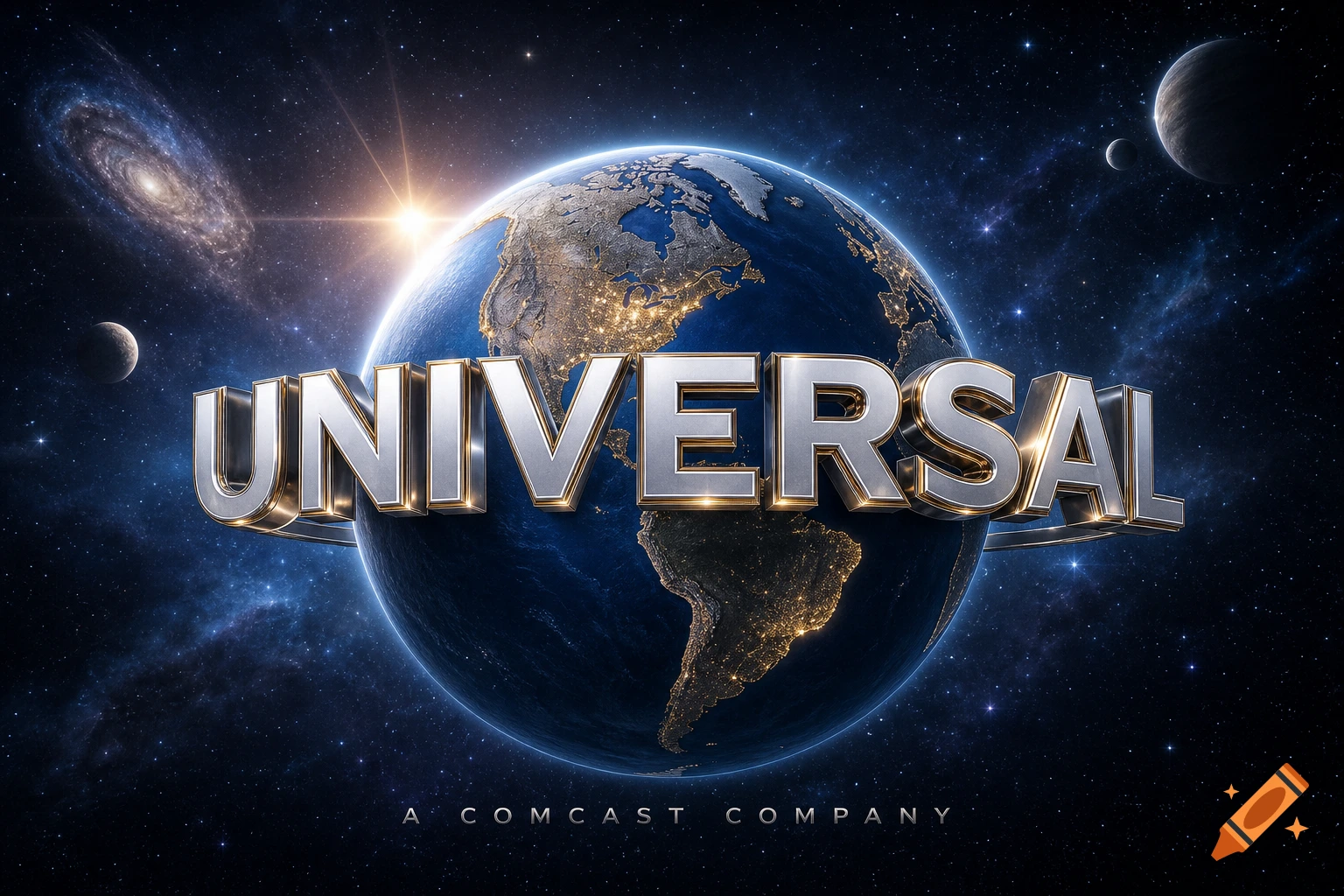 Metallic UNIVERSAL logo in deep space, set against planet Earth with glowing city lights, stars, and galaxies.