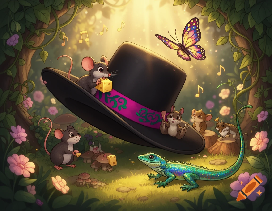 A whimsical cartoon shows a black top hat, several mice with cheese, a colorful lizard, and a butterfly in a magical forest.