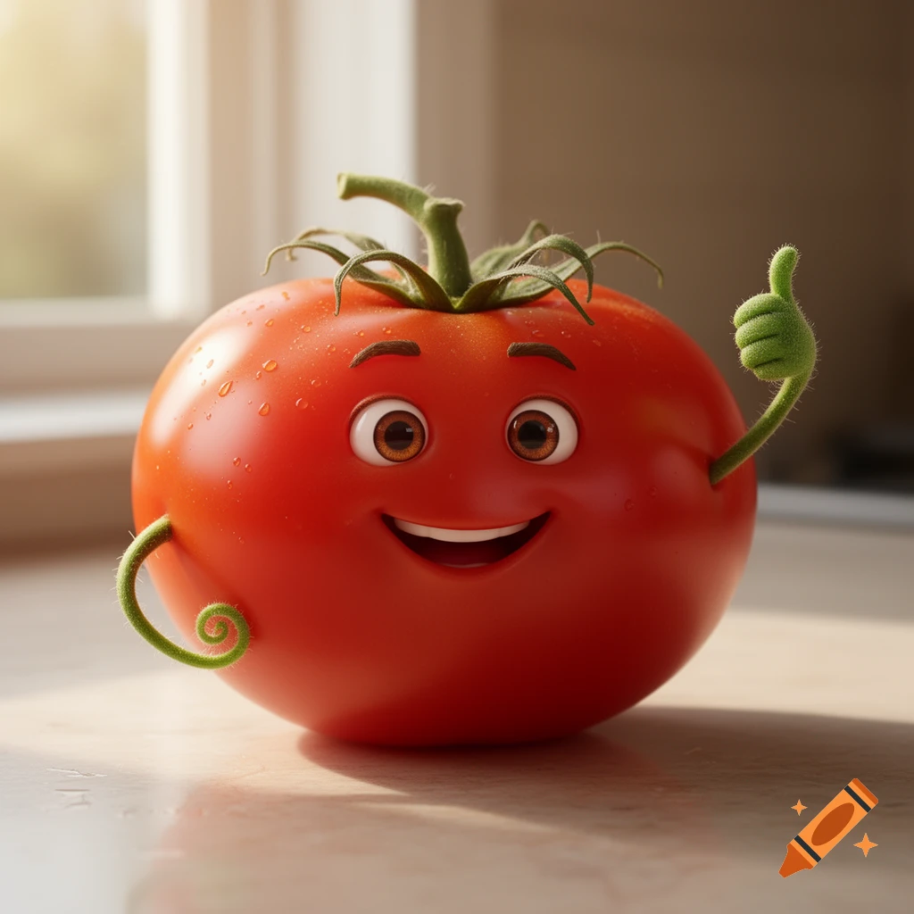 A smiling, anthropomorphic tomato with big eyes gives a thumbs up on a sunlit counter, rendered in a photorealistic style.