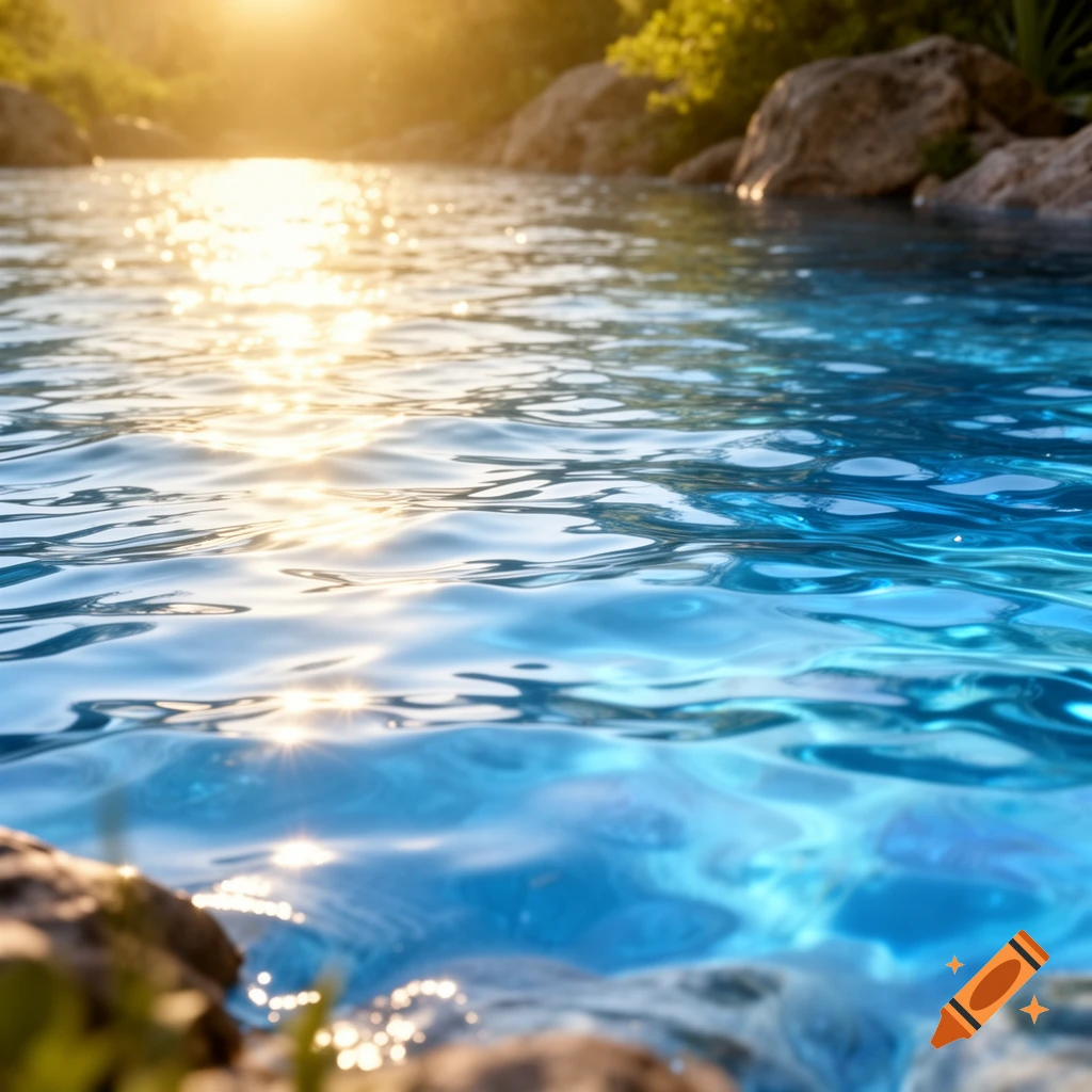Close-up of clear blue water with ripples and sunlight reflecting on the surface, with blurred rocks and foliage in the background.