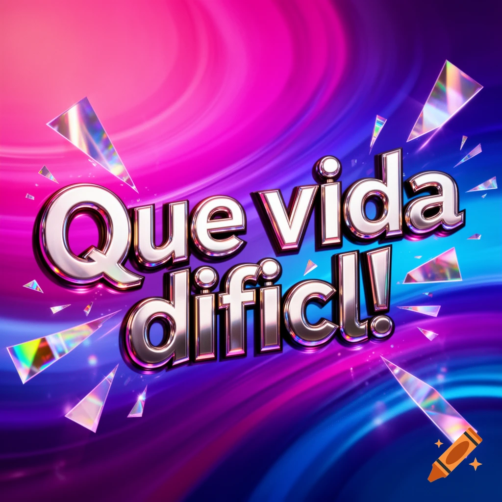 3D metallic silver text "Que vida dificil!" against a vibrant pink, purple, and blue swirling background with scattered holographic shards.