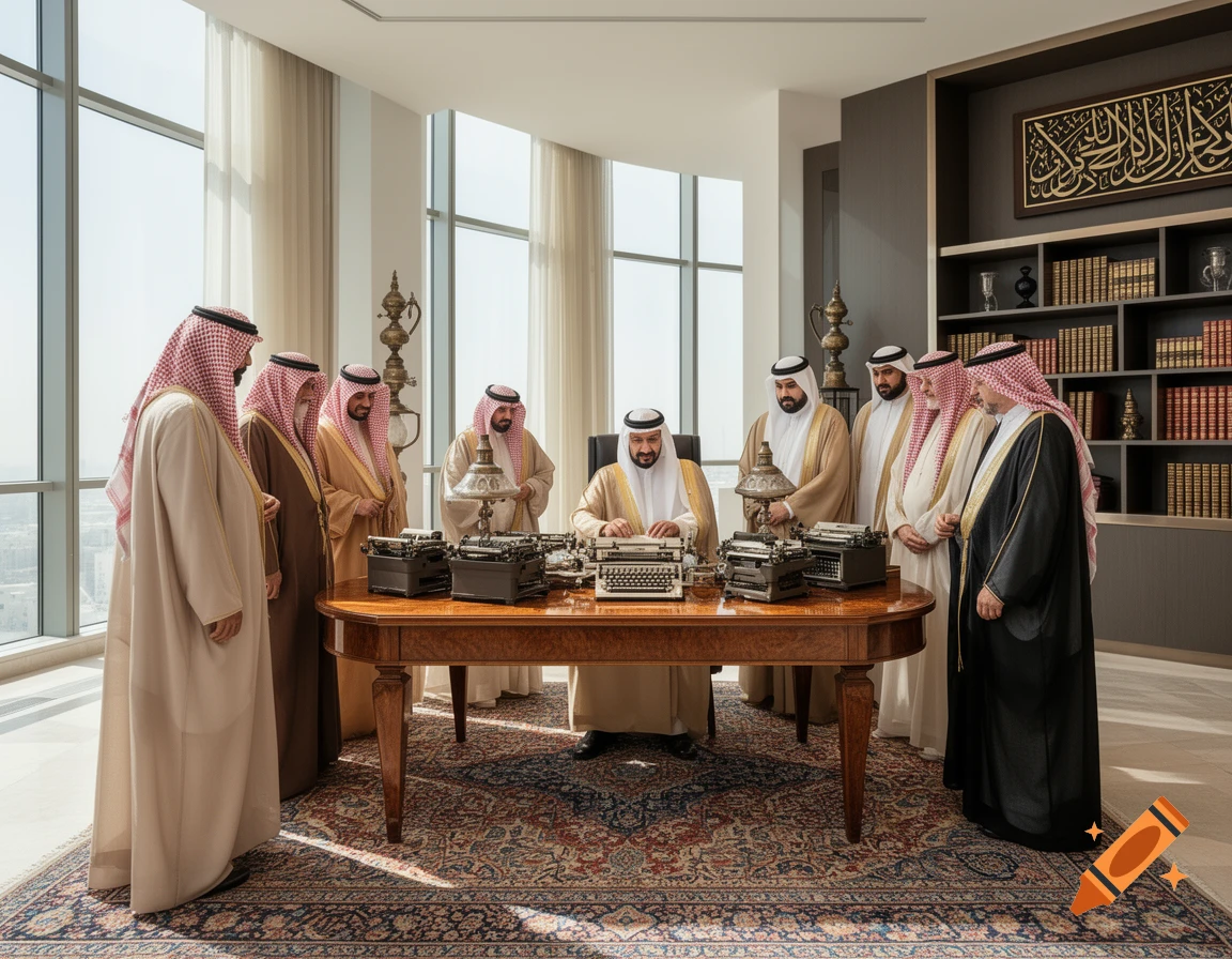 A group of men in traditional Middle Eastern attire gathered around a desk with vintage typewriters in a modern office.