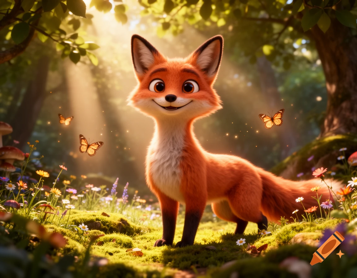 An adorable, smiling anthropomorphic cartoon fox stands in a sunlit forest with butterflies and wildflowers.