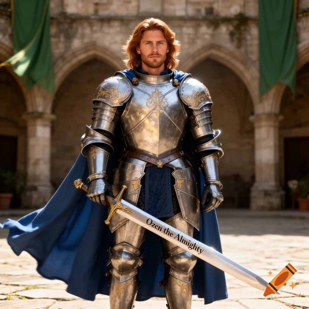 A handsome male paladin with red hair and beard, dressed in ornate silver and gold armor with a blue cape, holding a sword inscribed "Ozen the Almighty" in a castle courtyard.