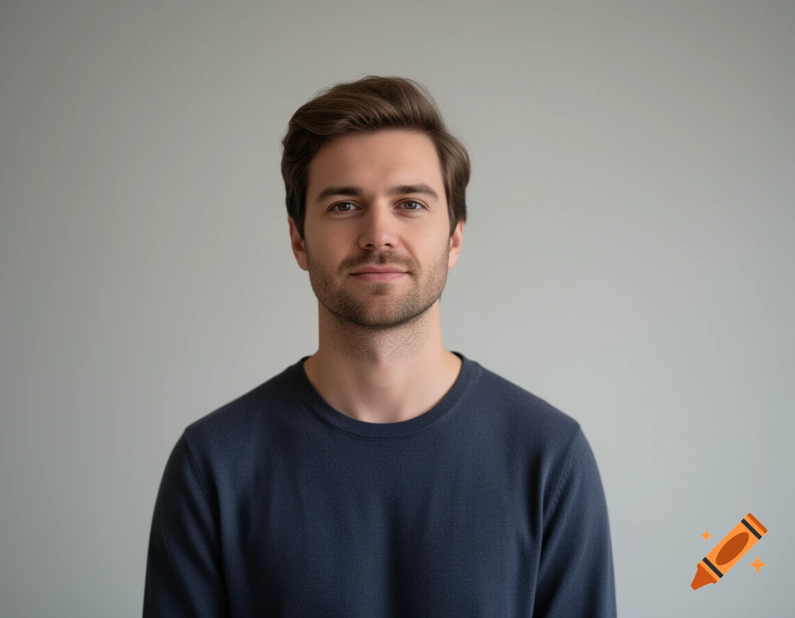 A photorealistic portrait of a man with brown hair and light stubble, wearing a dark blue sweater, looking at the viewer with a subtle smile against a light gray background.